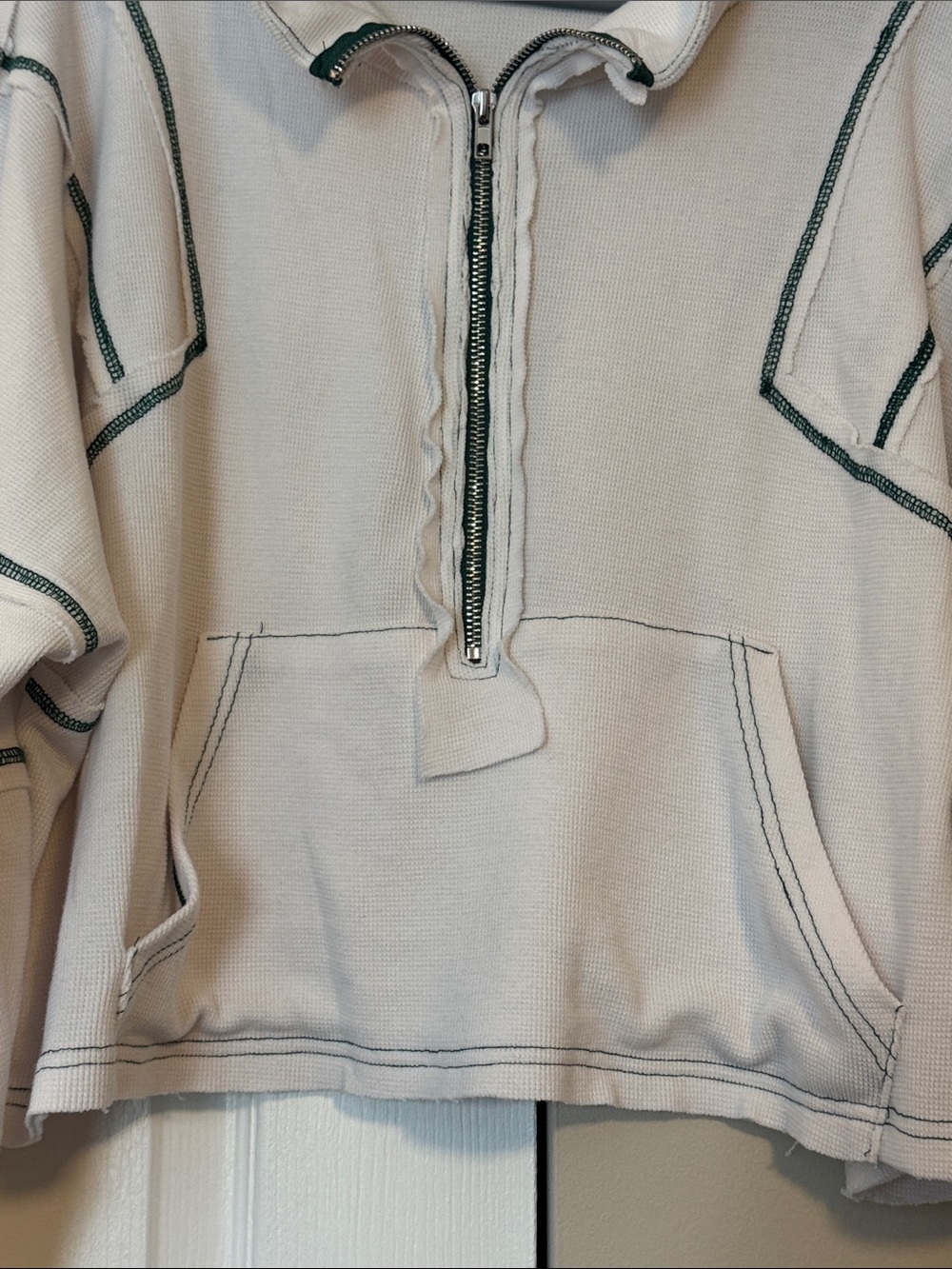 POL Cream Cropped Half-Zip Pullover with Dark Green Topstitching - Picture 5 of 6
